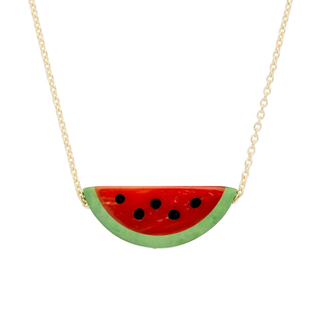 Gold chain necklace with a watermelon slice in red coral and oxidized turquoise