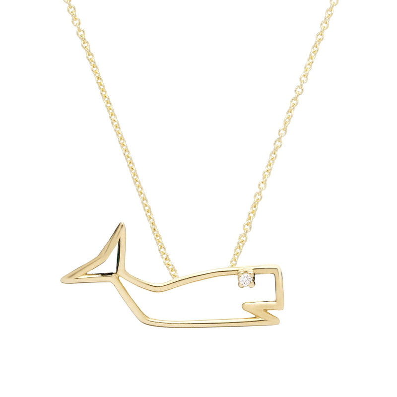 Gold chain necklace with a whale shaped pendant with diamond