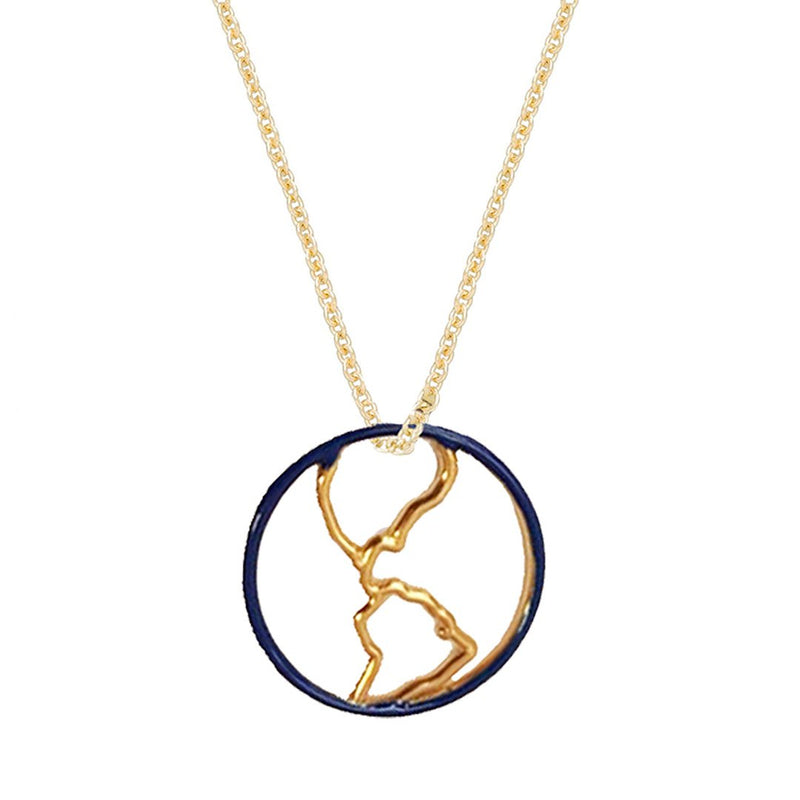 Gold chain necklace with earth shaped pedant with blue enamel