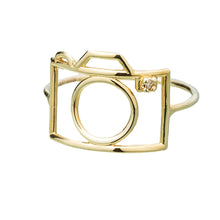 Load image into Gallery viewer, Gold camera shaped ring with small diamond
