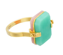 Load image into Gallery viewer, Gold turning ring with pink opal and crisopas octagonal shaped stones
