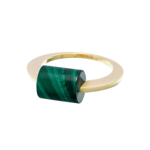 Gold ring with cylinder cut malachite stone