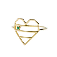 Load image into Gallery viewer, Striped heart shaped gold ring with a small emerald
