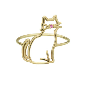 Gold seated cat shaped ring with a pink sapphire nose