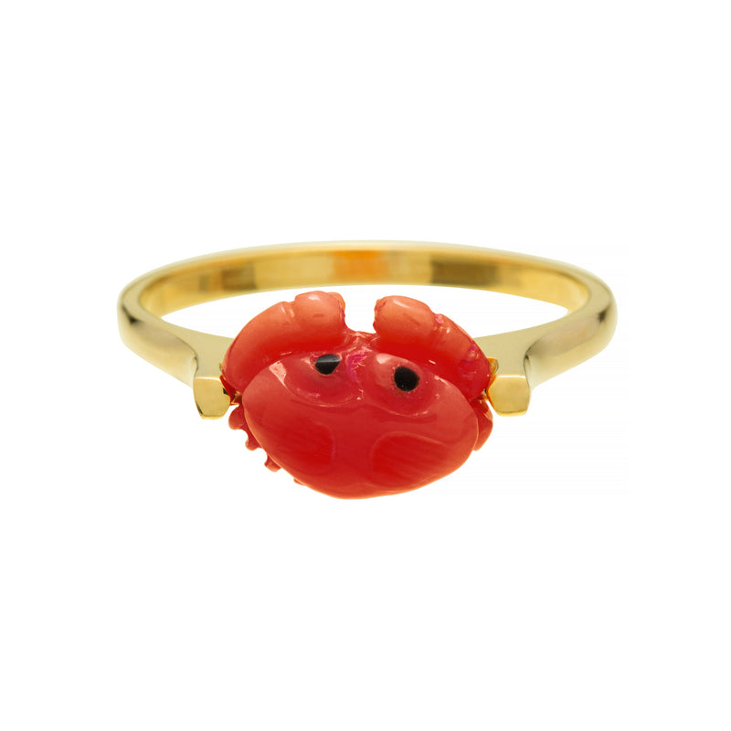 Gold ring with mini red crab shaped coral front view