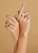 Load image into Gallery viewer, Gold rings with turquoise avocado and preciouse stones on model&#39;s hands
