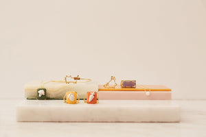 Jewelry composition with gold rings and necklaces with porcelain cameo and coral