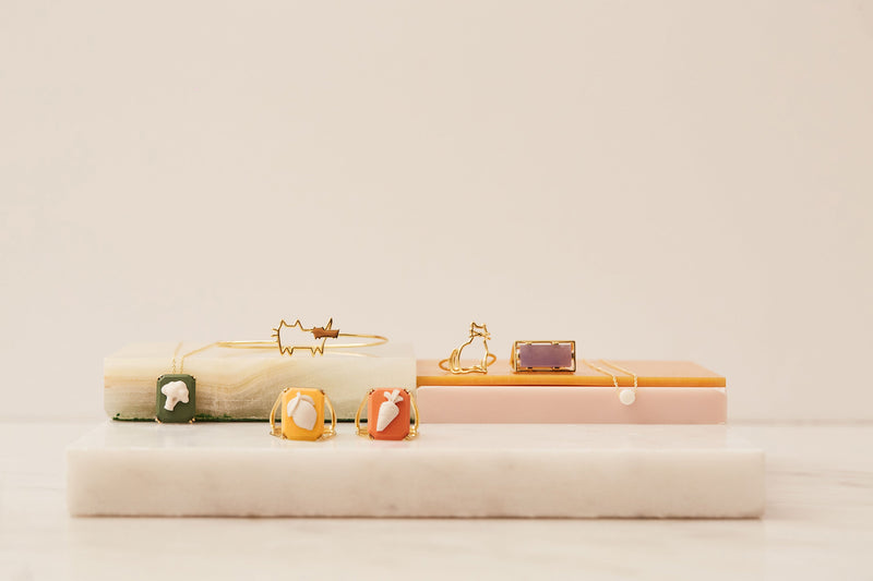 Jewelry composition with gold rings and necklaces with porcelain cameo and coral