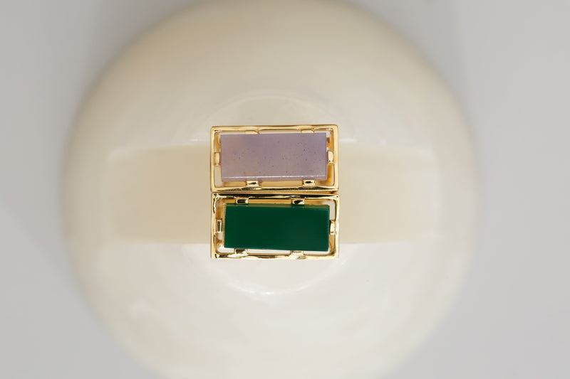 Gold square rings with lilac jade and green agate stones