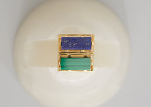 Load image into Gallery viewer, Gold square rings with lapis lazuli and malachite stones
