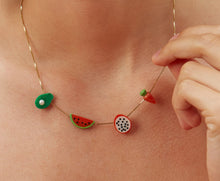 Load image into Gallery viewer, Woman wearing a gold chain necklace with coral and turquoise fruit
